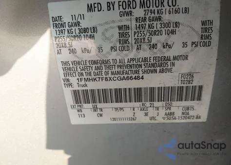 2012 Ford Explorer Limited z USA, uszkodzony, nr VIN 1FMHK7F8XCGA66484